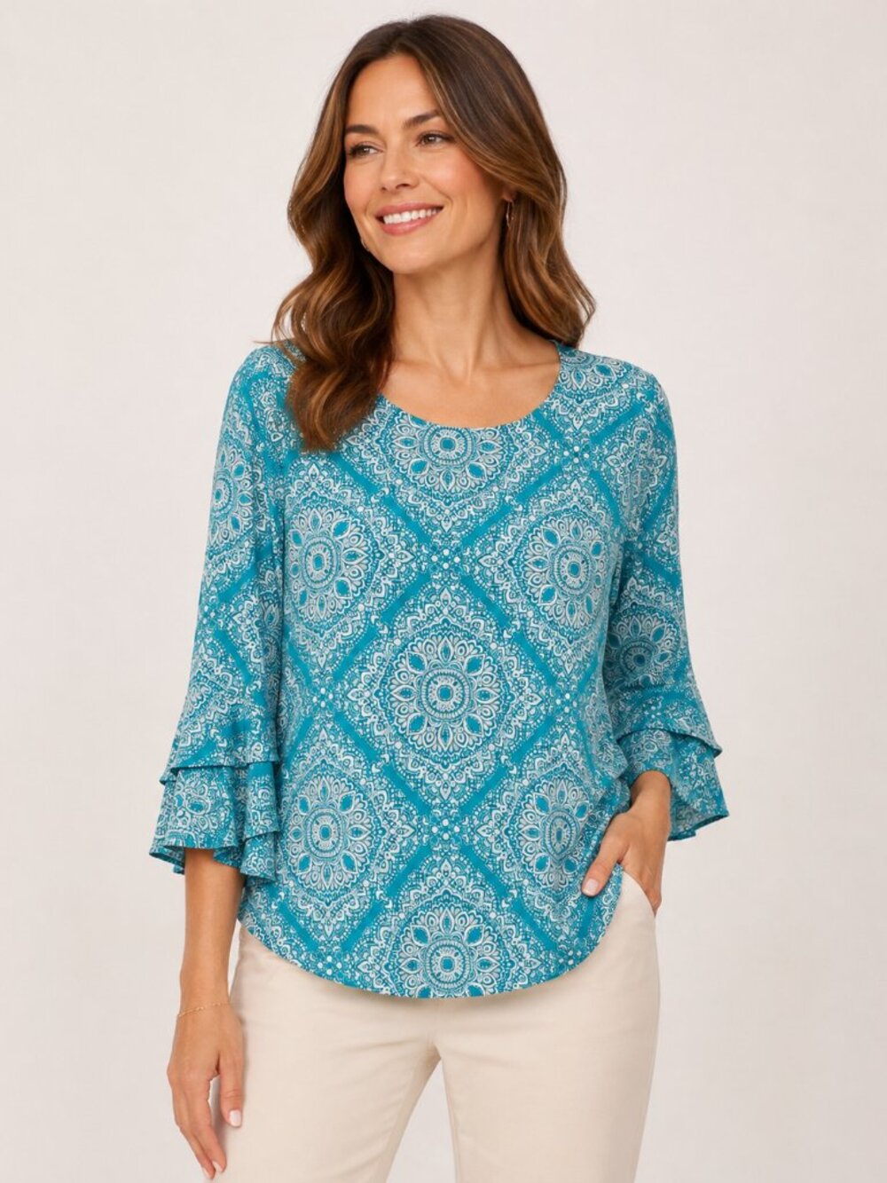 Ruby Rd Turquoise White Medallion Print Bell Sleeve Boho Blouse Tunic Top